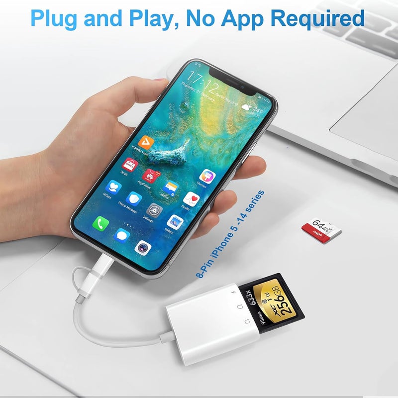 Denlane SD Card Reader for iPhone iPad Mac Dual Connector, Digital Camera Memory Card Adapter to iPhone with SD/Micro SD/Charging Slot, Lightning & USB C SD Card Viewer for Photography, Plug and Play - Image 4